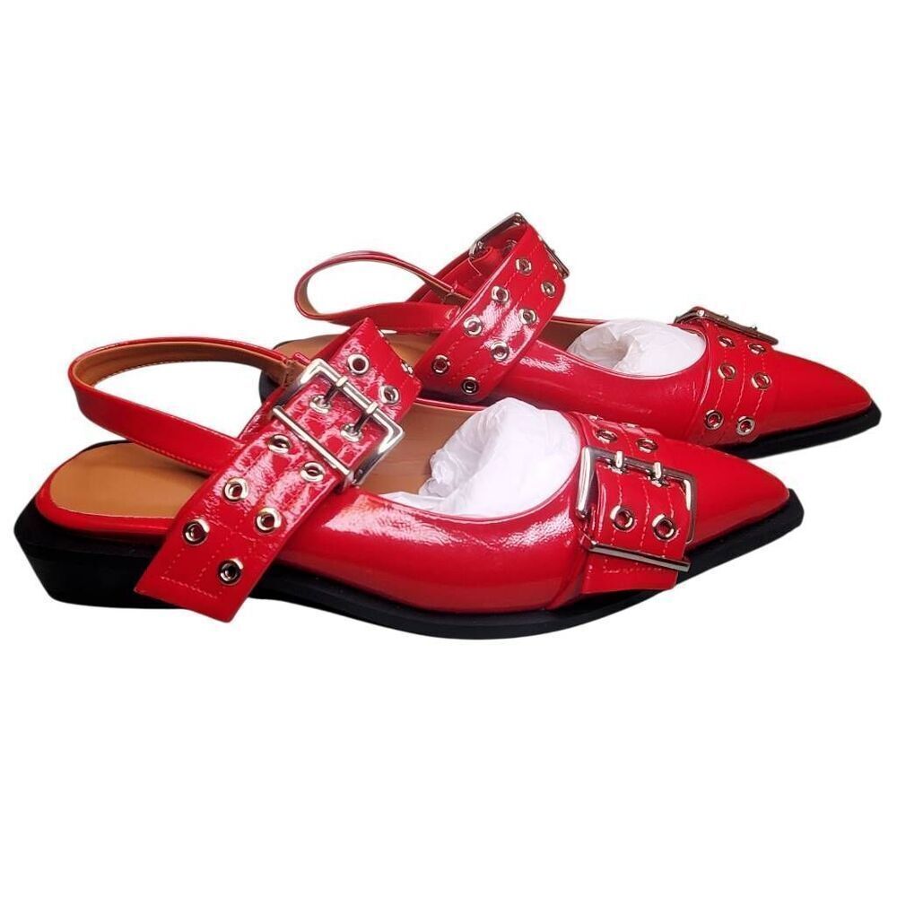 Red Chunky Buckle Slingback Punk Goth Flats Women's Size 9 Pointed Toe - Picture 4 of 6